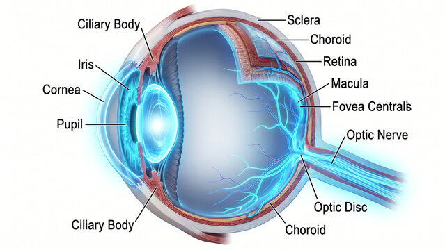 Medical cross-section diagram of the human eye anatomy with labels on a white background