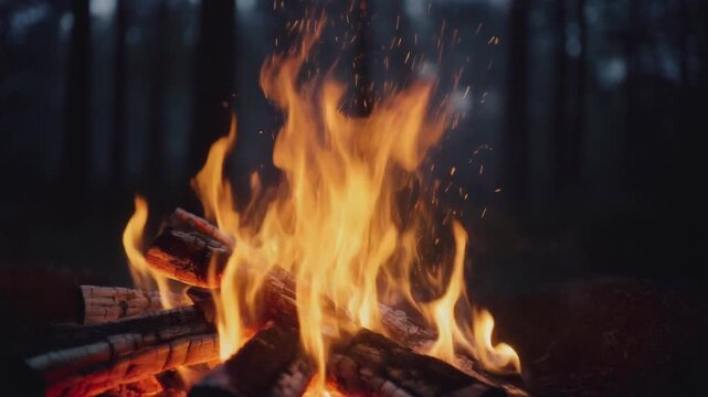 Warm Campfire Burning Brightly with Sparks in Dark Forest