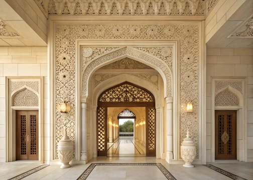 Elegant Indo-Islamic palace entrance with ornate arch, decorative jali screen, carved floral arabesques, symmetrical wall niches, soft ambient lighting, creamy sandstone texture