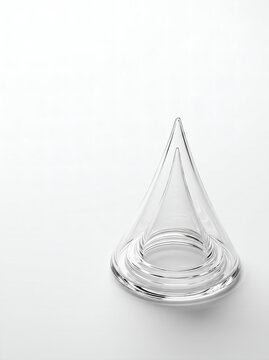 Minimalist glass nested hyperbolic cone node with crystal refraction on white surface vertical 3-4
