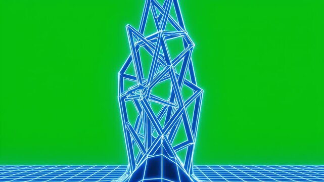 Blue Neon Structure on Green Screen - A 3D abstract structure made of blue neon lines rises against a solid green background.