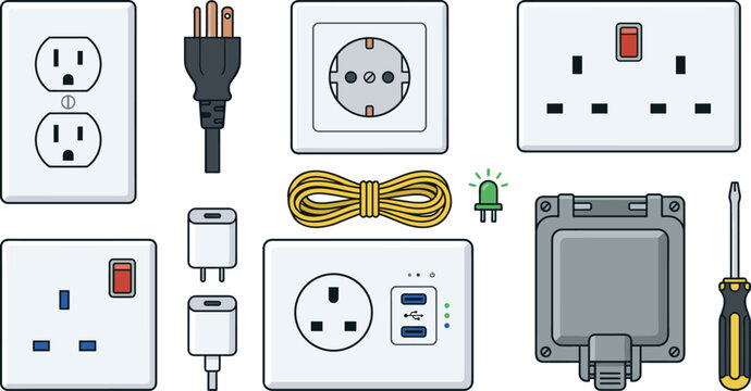 Global Electrical Wall Outlets and Power Plugs Vector Icon Set with International Sockets, Charging Adapters, Cable, and Electrician Tool Illustrations