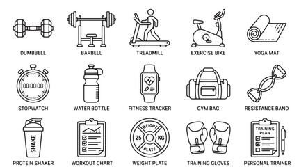 Fototapeta premium Fitness and Gym Equipment Icon Set, 15 Black Line Vector Icons for Workout and Bodybuilding, Minimalist Exercise Gear Graphics