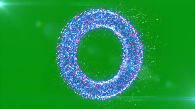 Neon Particle Ring Transition Effect with Chroma Key - A vibrant neon particle ring spins rapidly before slowing down, set against a solid green screen background.