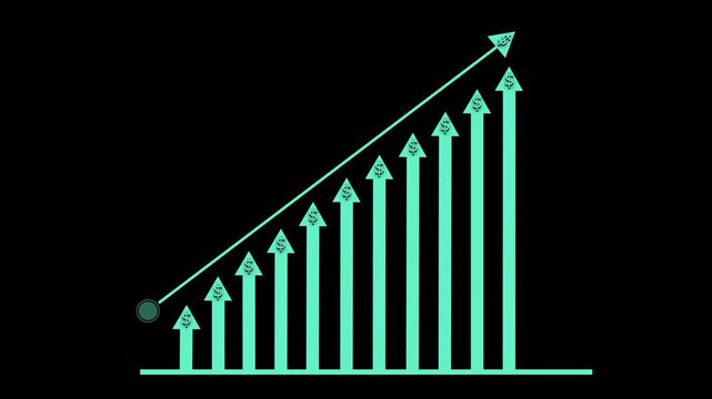 Ascending bar-arrow growth chart animation, Bar-chart arrows and an upward diagonal arrow from left to right, minimalist financial growth concept