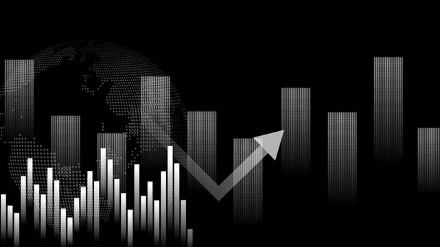 Monochrome financial growth chart with rising arrow animation, Financial chart with rising arrow and vertical bar graphs globe silhouette behind dots