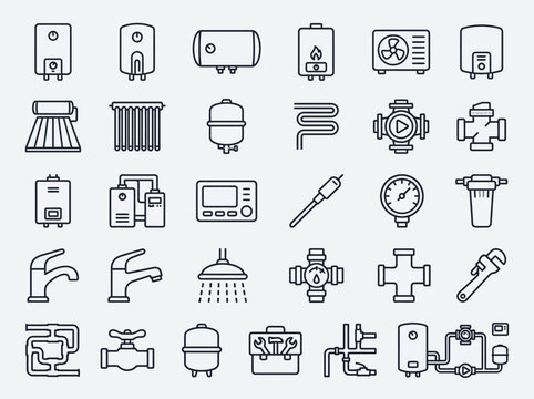 Water Heating Plumbing and Hot Water System Monoline Icon Collection
