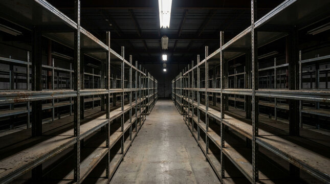 Empty warehouse shelves in dim light with concrete floor and ceiling lights creating moody industrial atmosphere