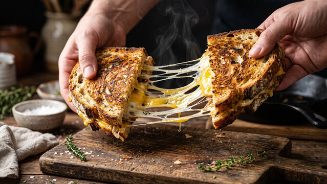 Hands pulling apart a hot grilled cheese sandwich with a stretchy cheese pull on a wooden cutting board