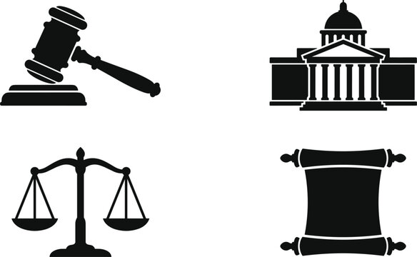 Set of black silhouettes showcasing a legal judge gavel, courthouse building, scales of justice, and parchment scroll