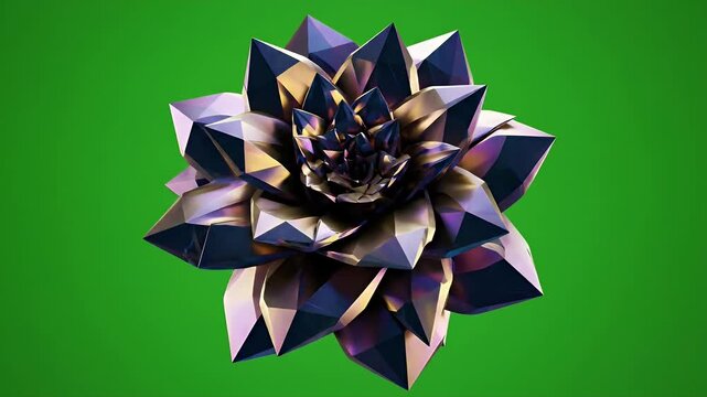 Abstract Geometric Morphing Polygon Animation on Green Screen - A 3D abstract geometric object, resembling a crystalline flower or a complex polyhedron, rotates and morphs on a vibrant green screen