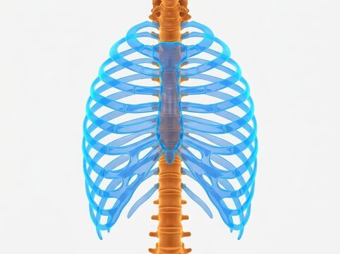 Human rib cage and spine anatomy illustration showing bones and chest structure in a clear scientific medical view