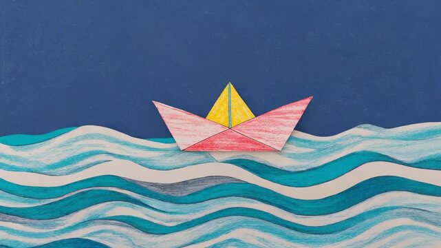 Paper boat on paper waves in stop motion moving through