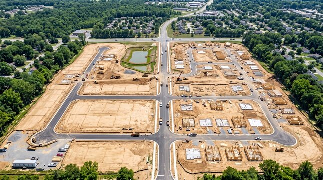 Top view of planned housing development, land subdivision with roads and infrastructure under construction, realistic commercial photography