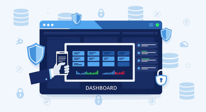Digital Dashboard Security, Data Protection, Network Monitoring, Cyber Security Concept