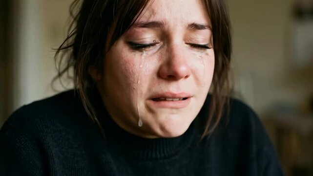 Woman Crying with Emotional Expression in Close-Up