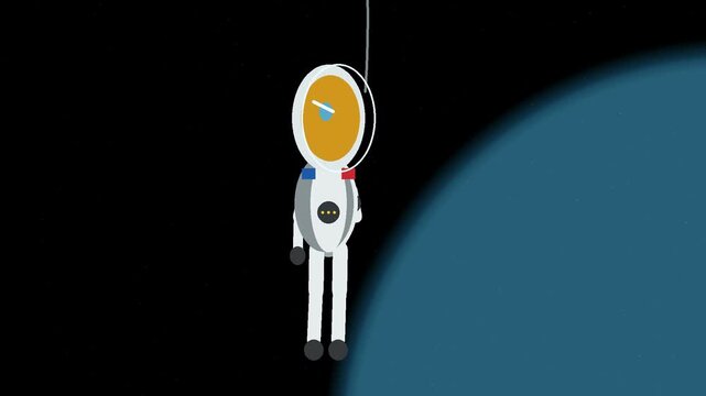 Minimalist graphic illustration of an astronaut hanging in dark space next to a large blue planet.