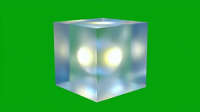 Transparent Rotating Cube with Glowing Core on Green Screen - A transparent cube with a bright, glowing light core rotates slowly against a green screen background.