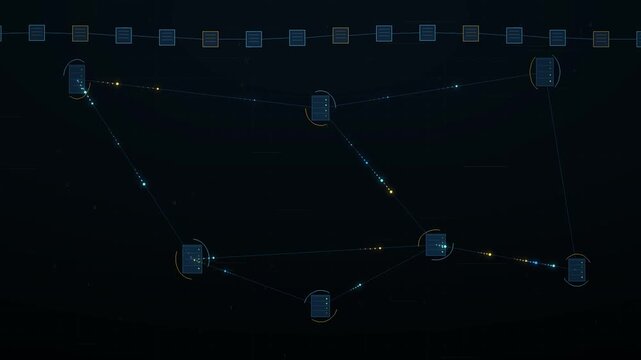 Abstract digital network with interconnected nodes and data flow on a dark background.