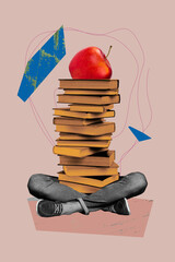 Obraz premium Vertical sketch image photo collage of anonym student girl guy instead body book stack education apple fruit novel reader hobby