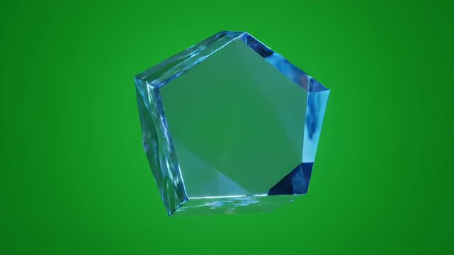 Transparent Rotating Hexagonal Prism on Green Screen - A clear, geometric hexagonal prism slowly rotates against a vibrant green background, highlighting its transparent surfaces and glowing edges.