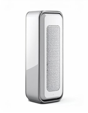 Sleek, modern cylindrical white speaker with gray woven fabric grille