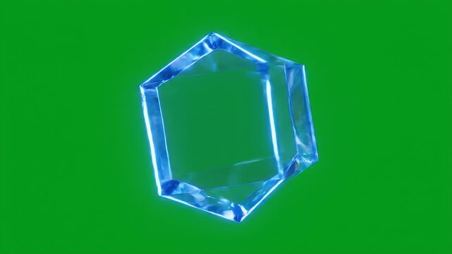 Rotating Transparent Hexagonal Prism with Blue Neon Edges on Green Screen - A clear, hexagonal prism rotates against a vibrant green screen background.