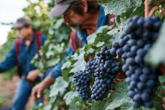 Two vineyard workers carefully picking ripe grapes from lush vines, showcasing the beauty and labor involved in grape harvesting in a serene vineyard setting.