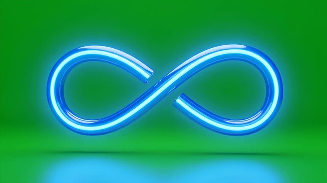 Glowing Blue Neon Infinity Symbol Rotating on Green Screen - A vibrant blue neon infinity symbol glows and rotates against a solid green chroma key background.