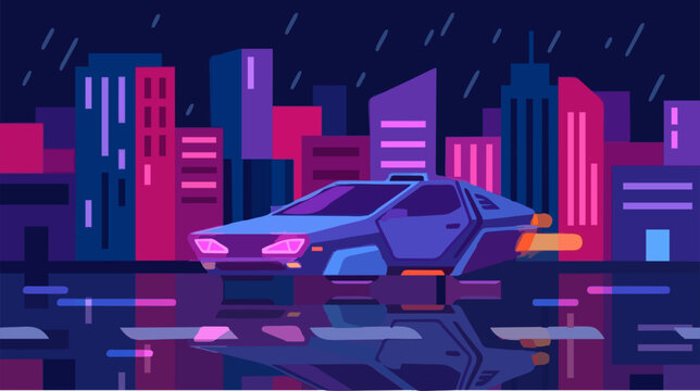 Stylized Retro-Inspired Flying Car Vector Illustration in a Futuristic Cyberpunk Cityscape at Night with Rain and Reflections
