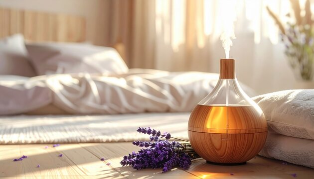 Essential oil poured into diffuser with lavender