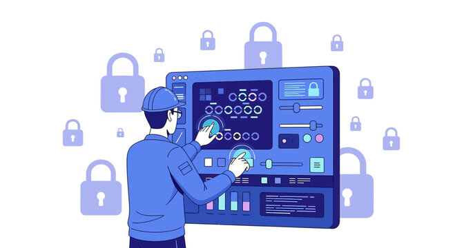 Cybersecurity technician managing digital security system with locks icons