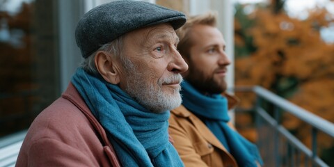 Obraz premium Close portrait of elderly man and adult companion in scarves on a fall terrace for lifestyle background and intergenerational wellbeing banner
