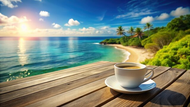 Coffee cup sits on rustic wooden table overlooking serene ocean  summer vacation