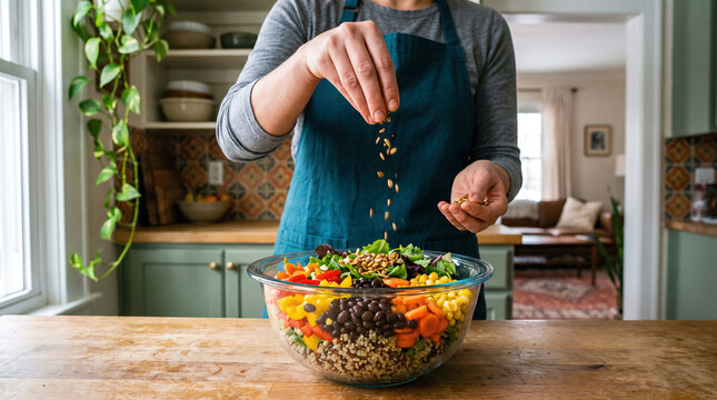 Woman Sprinkling Seeds Over a Fresh Vegetable Salad in a Glass Bowl