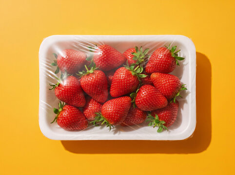 Fresh Red Strawberries in White Styrofoam Container Wrapped in Plastic on Yellow Background
