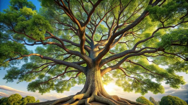 A large tree towers above the ground with its branches reaching towards the sky
