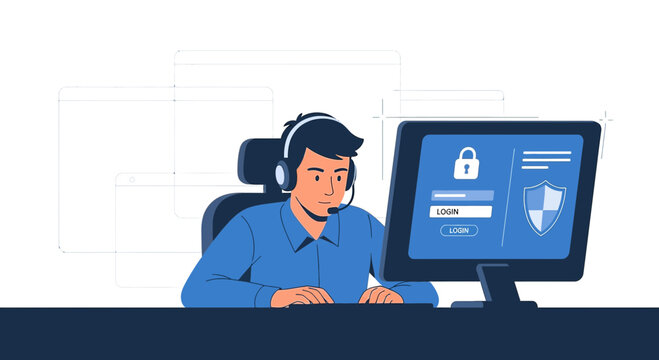 Cybersecurity operator with secure login interface on computer screen