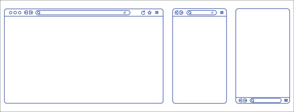 Editable Browser Window Frame Vector with Desktop and Mobile Web Browser UI Mockup, Responsive Interface Template, Editable Stroke Outline 