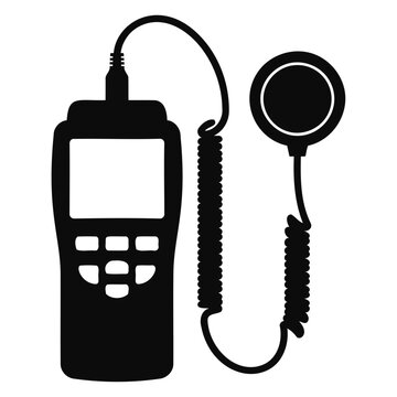 Silhouette of a handheld digital measuring device with a circular sensor probe and coiled cable