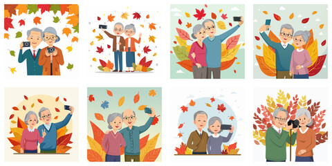 Fototapeta premium 秋の紅葉散歩や旅行を楽しむシニア夫婦のベクターアイコンセット 