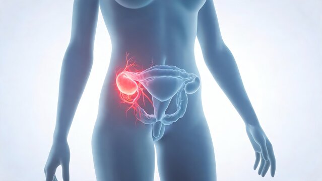 Medical anatomical illustration of cervical cancer, uterine tumors and uterine lesions, female pelvic structure, professional gynecology medical visualization resource