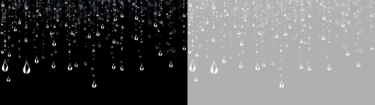 Falling water drops on black and transparent background. Realistic clear rain droplets texture. Wide panoramic overlay effect
