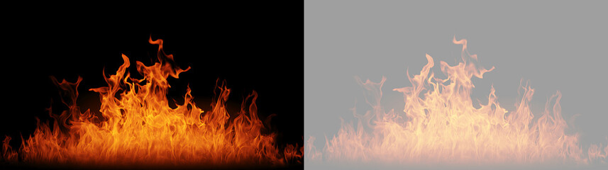 Fototapeta premium Wide line of fire flames isolated on black and transparent background. Burning orange and yellow blaze texture overlay