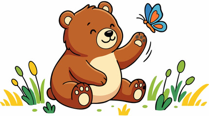 Friendly Bear Cub Playfully Batting at a Blue Butterfly in a Grassy Field, Cute Cartoon Vector Illustration with White Background and Copy Space © Alfa