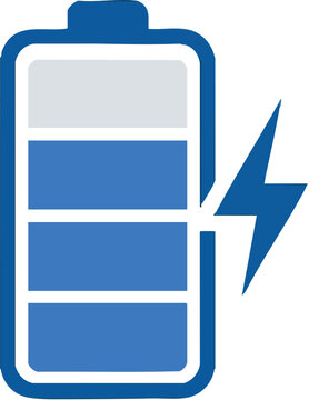 A flat design battery icon with a lightning bolt symbolizing power charging and energy flow.
