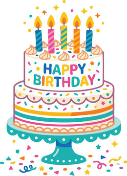 Colorful birthday celebration cake with lit candles and confetti decorations for festive occasions.
