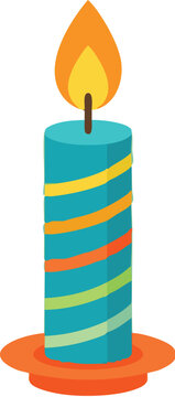 Colorful striped birthday candle with a lit flame on an orange base highlights festive celebration themes.