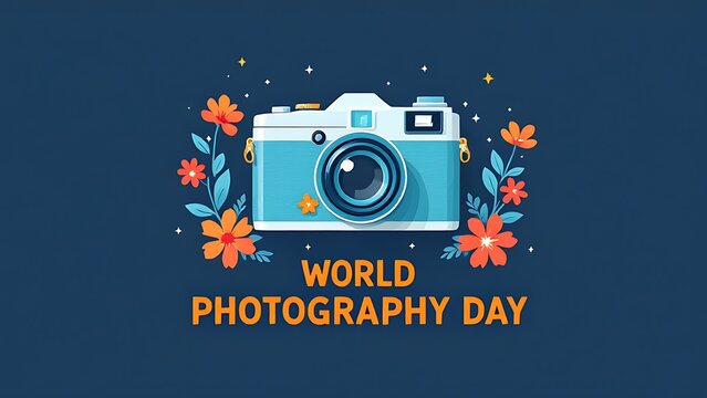 World photography day celebrated with vintage camera and floral decorations