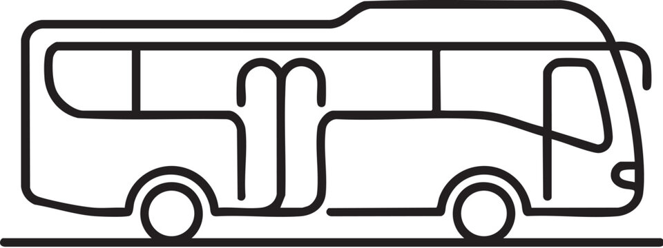 Minimalist line drawing of a double-decker bus with passengers visible through the windows on a neutral background.
